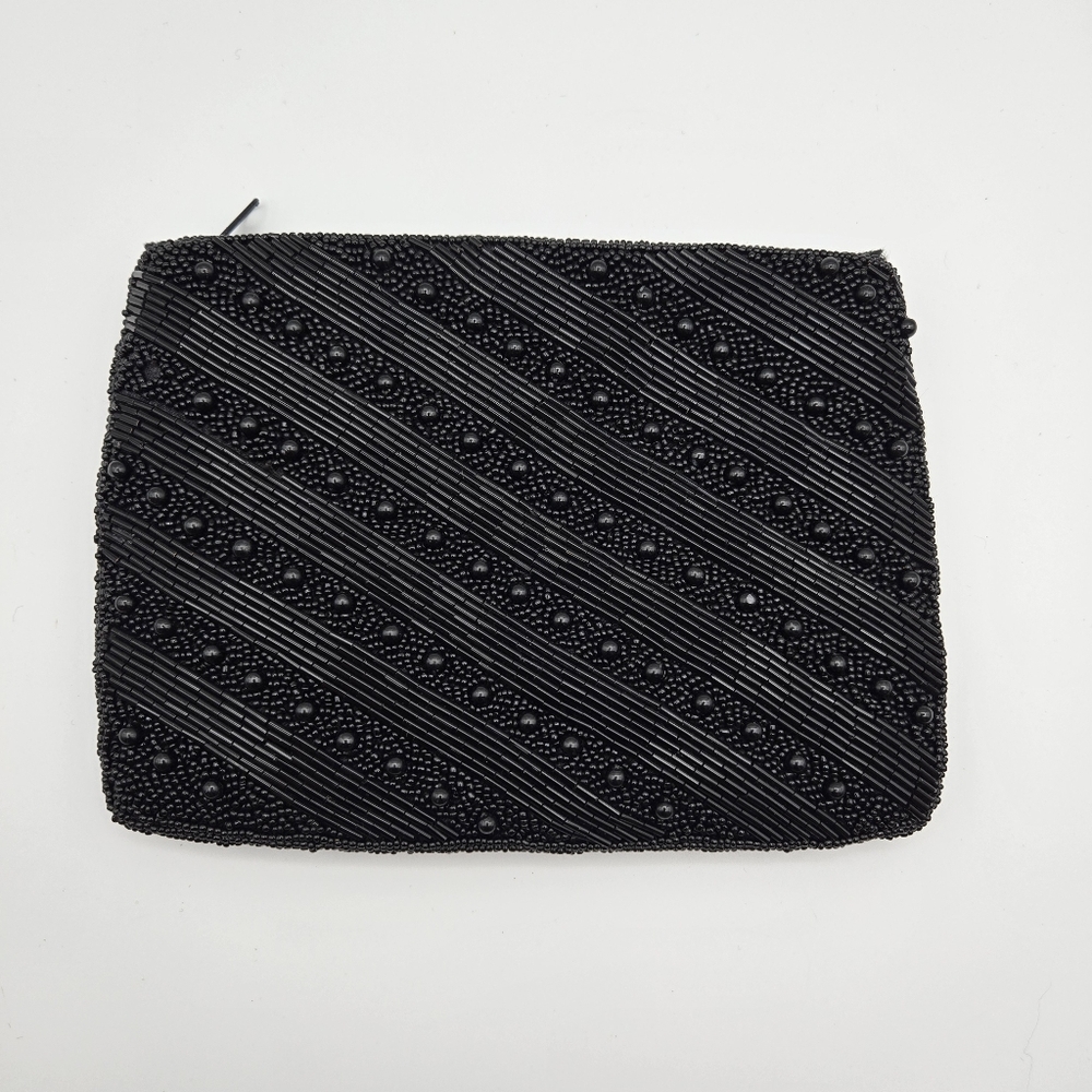 Vintage Carolyne Barton Night Black Fully Beaded Zipper Clutch Evening Bag